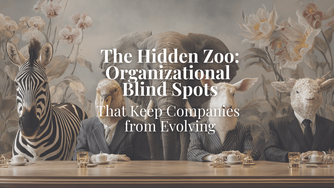Anthropomorphic animals dressed in elegant business suits — including a cow, zebra, elephant, golden goose, and lamb — seated at a conference table against a floral watercolor mural, symbolizing organizational blind spots in business.